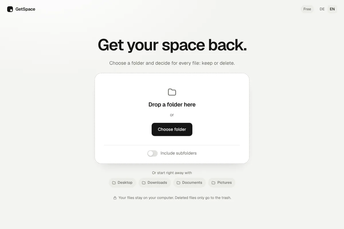 GetSpace start page with the area for dropping a folder